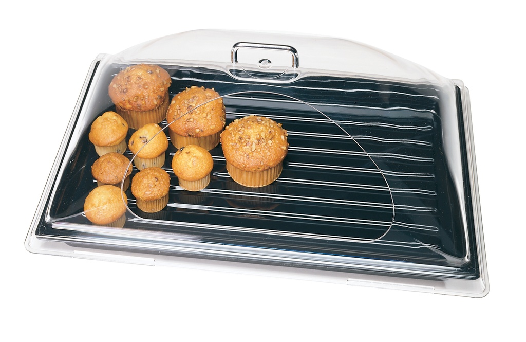 Kopulovitá pokrievka na tácku s postranným samoobslužným výrezom na dlhšej strane, PC, 55,6 x 37,5 cm, výška 20,3 cm