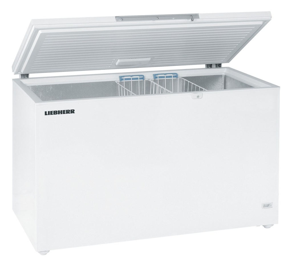 Truhlicová mraznička so statickým chladením, 404 l, biela, zdvíhací oceľový kryt