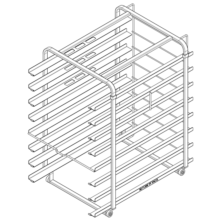 Stojanový vozík typ 10-1/1, 400x600 mm, 8 zásuvných roštov,  rozteč 81 mm, pekárska norma