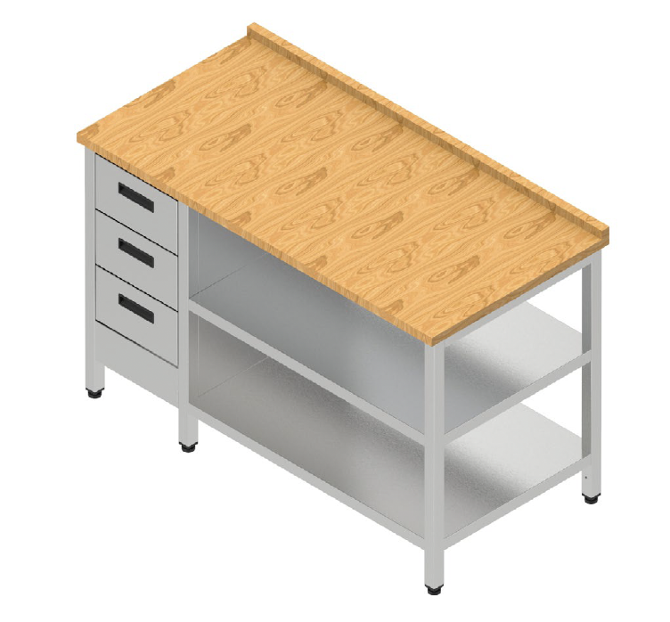 Pracovný stôl so zásuvkami, 2 policami a bukovou doskou