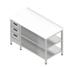 Pracovný stôl s plastovou pracovnou doskou, 3 zásuvkami a 2 policami